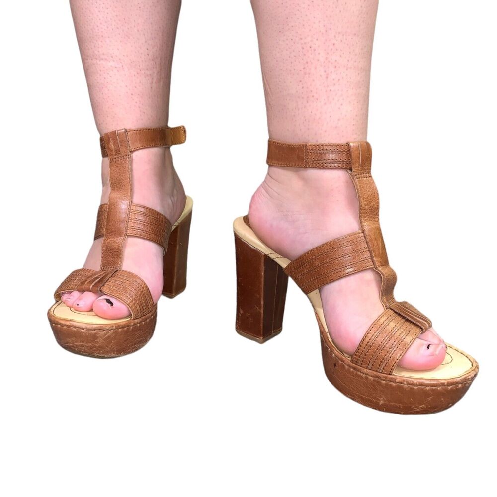 Born Crown Womens Leather Platform Sandals Brown Strappy High Block Heel Size 9